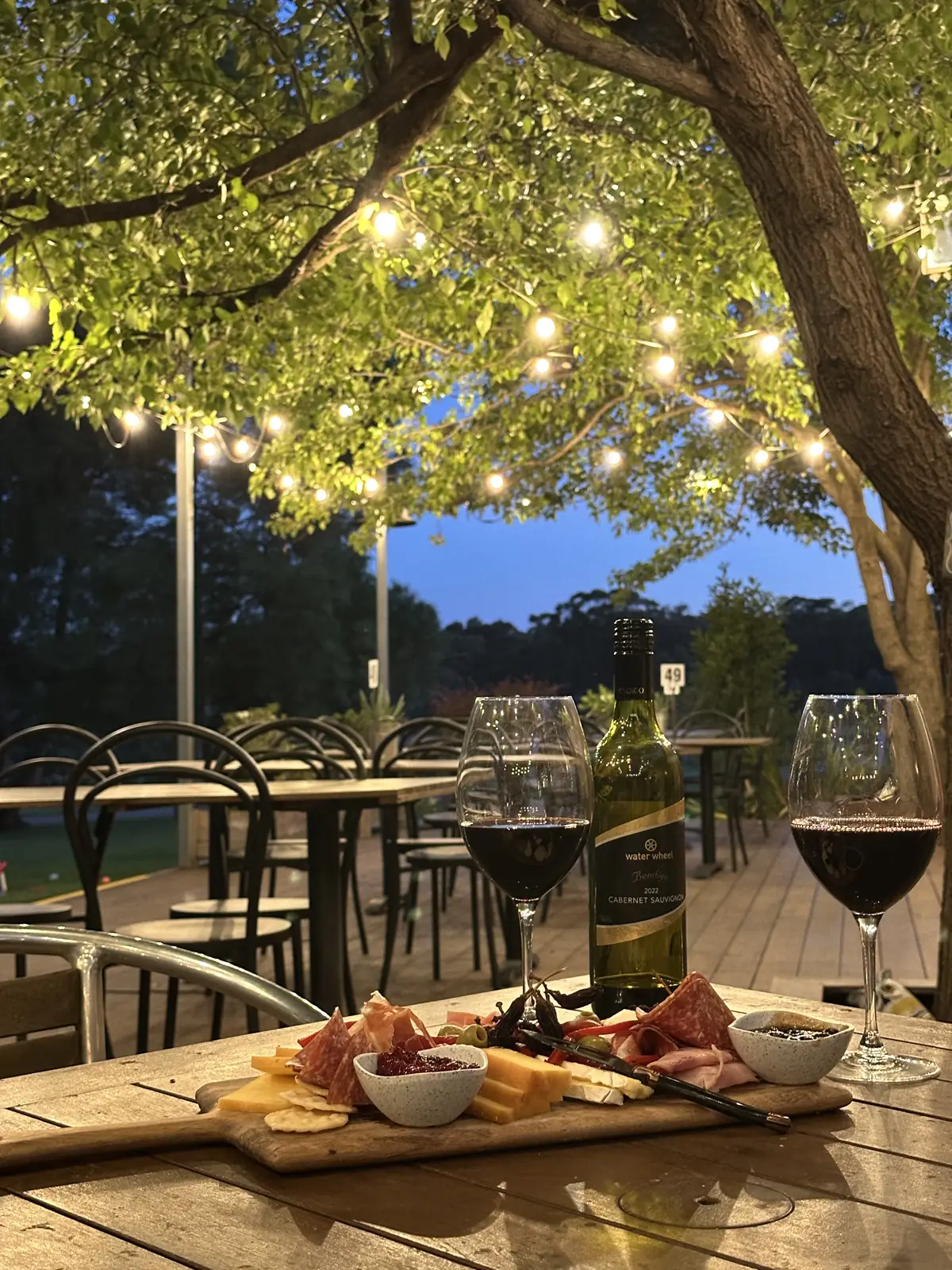 A grazing board and red wine on the deck under festoon lights