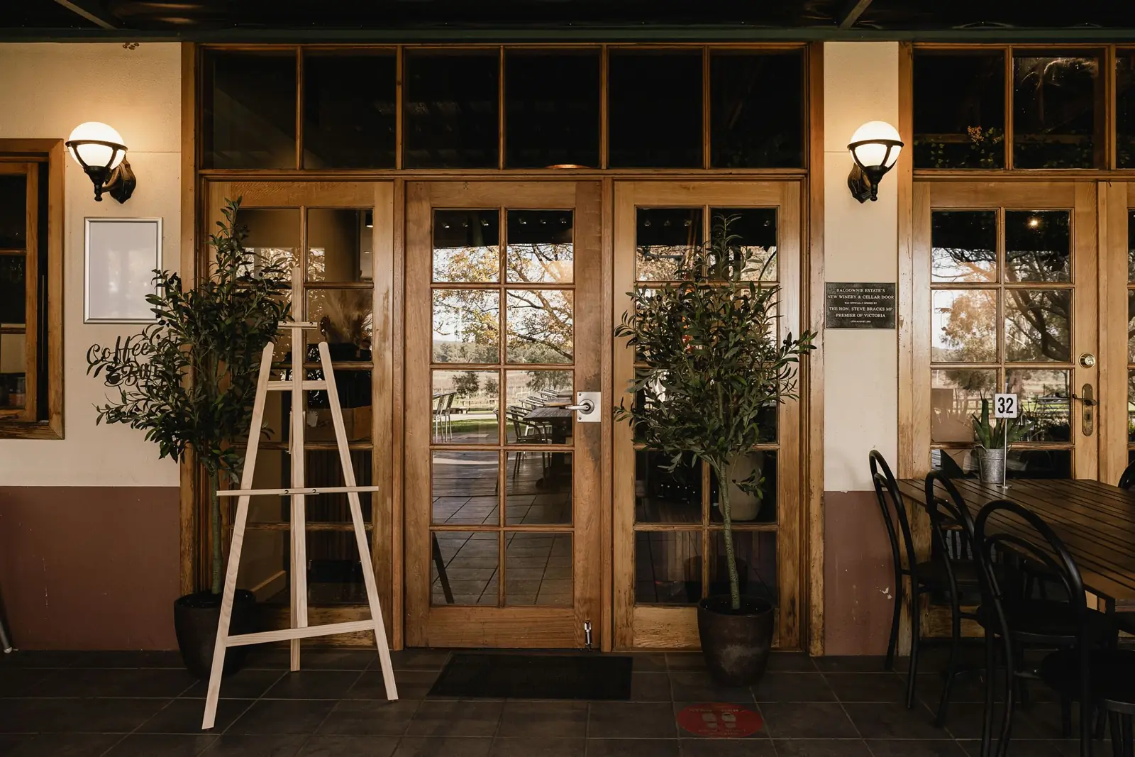 The French doors opening from the dining room